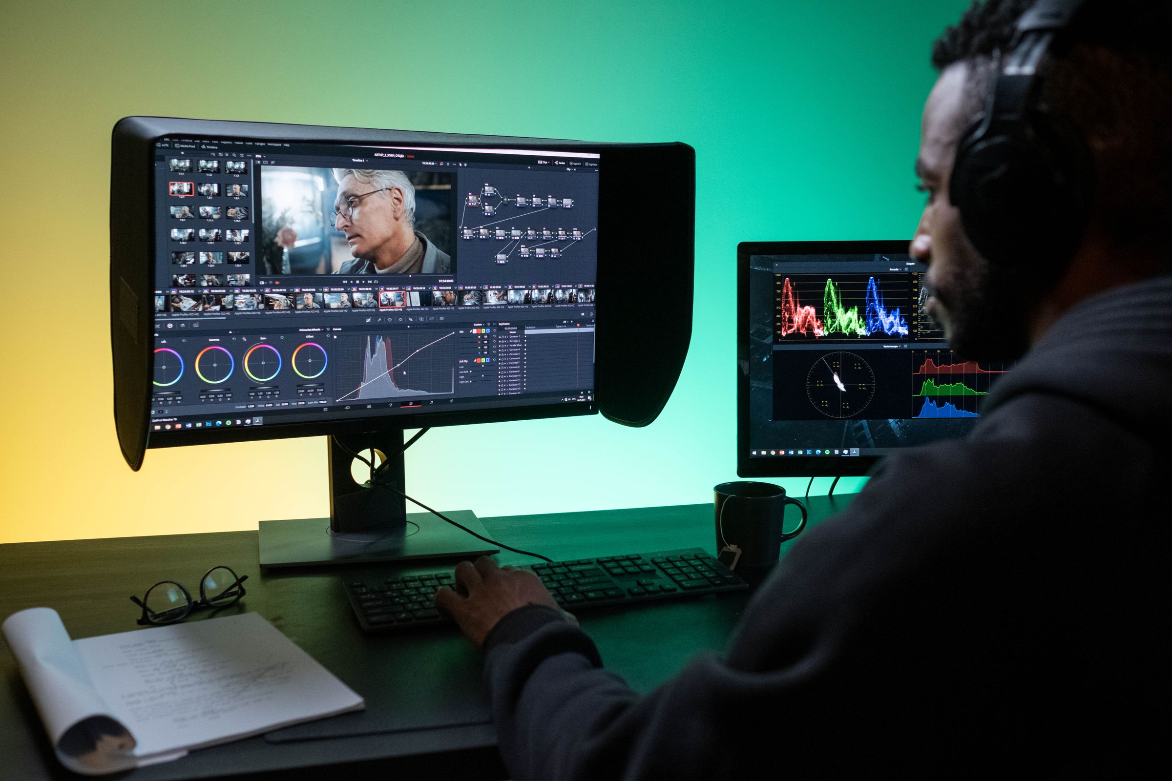 An editor working on footage across two monitors.